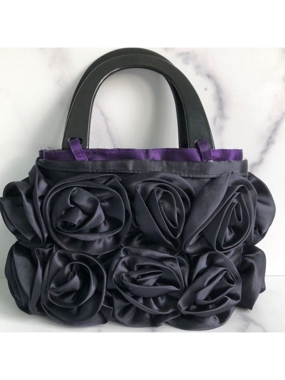 For Your Ease Only Black Satin Rosettes Evening Purse Handbag